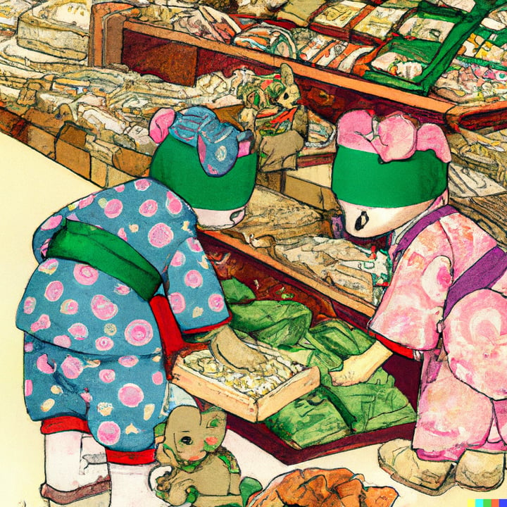 teddy bears shopping for groceries in Japan, ukiyo-e